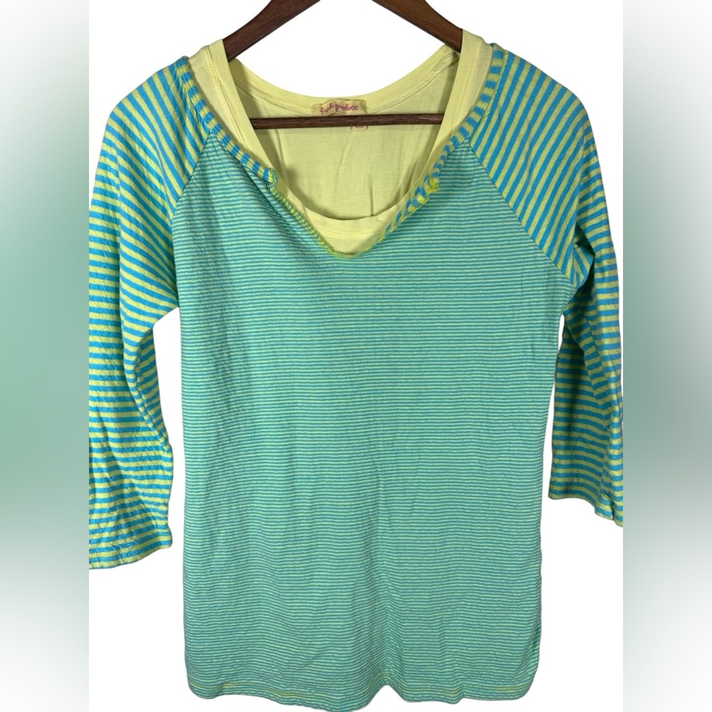 Fresh Produce Green and Yellow Striped Layered Top 2-Piece Set Made in USA Small
